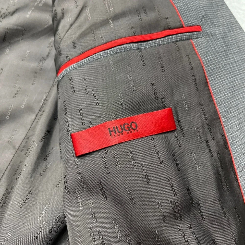 Hugo Boss Blazer AerinS Mens 40L Gray Micro Check Virgin Wool Blend‎ Sport Coat